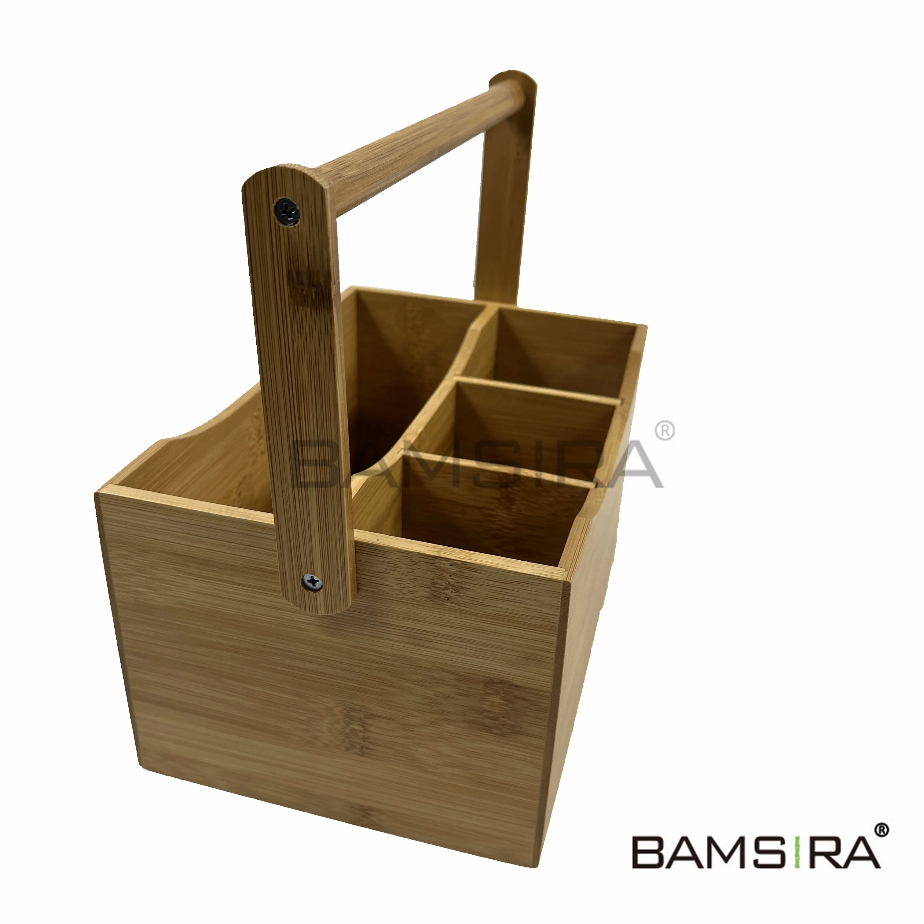 Bamboo Flatware Utensil Caddy With Napkin Holder And Handle Wood Picnic Basket For Kitchen