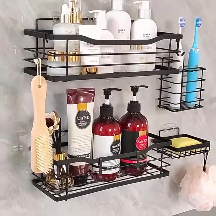 suppliers custom  Stainless steel wall mounted black bathroom shelves shower double layers self adhesive shower caddy shelf