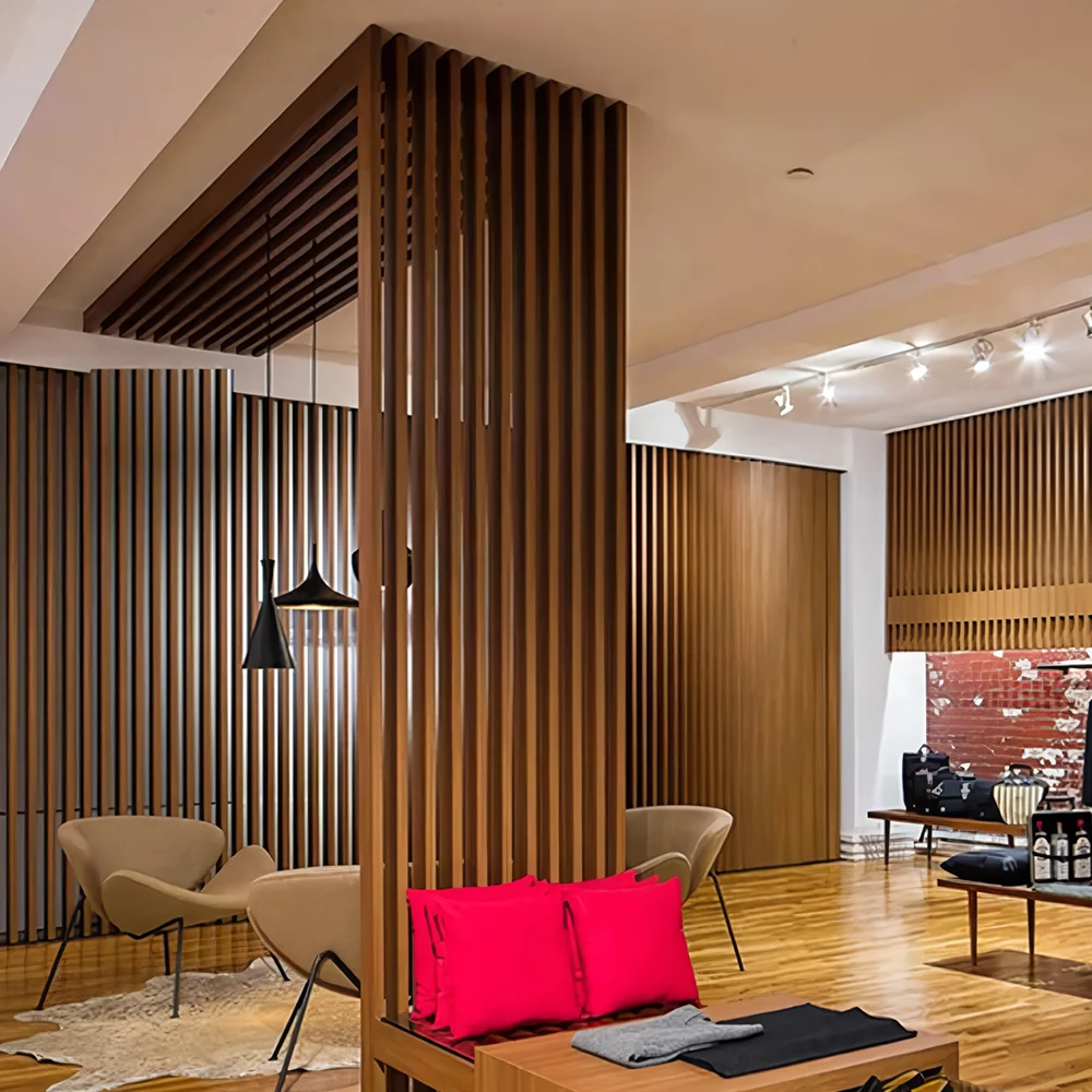 Foju Modern Interior Decoration Hollow Wooden Grain PVC WPC Privacy Screen Partition Curtain Wall WPC Square Timber Tube