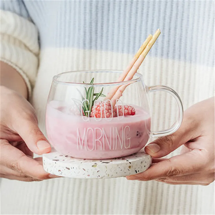 Clear Borosilicate Cereal Milk Cup Reusable Floral Tea Cups Coffe Glass Coffee Mug