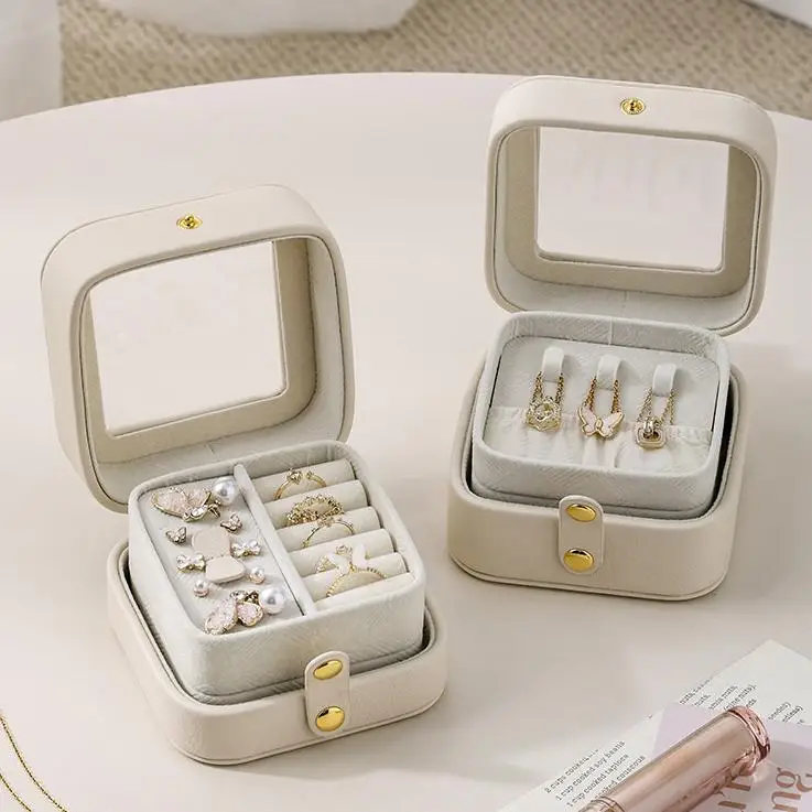Visualize Double-Sided Mini Travel Jewelry Storage Box Earring Ring Necklace Girls Pu Leather Jewelry Organizer Jewellery Box