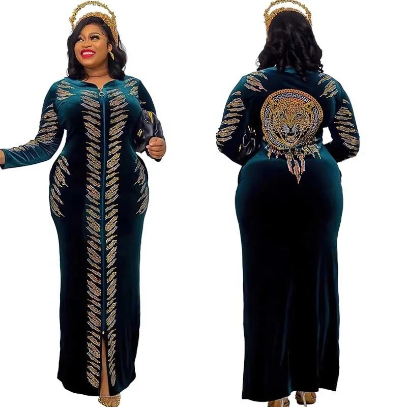 African Winter Velvet Long Elegant Maxi Sequin Dress Tiger Floral Diamond Dresses For Women K0376
