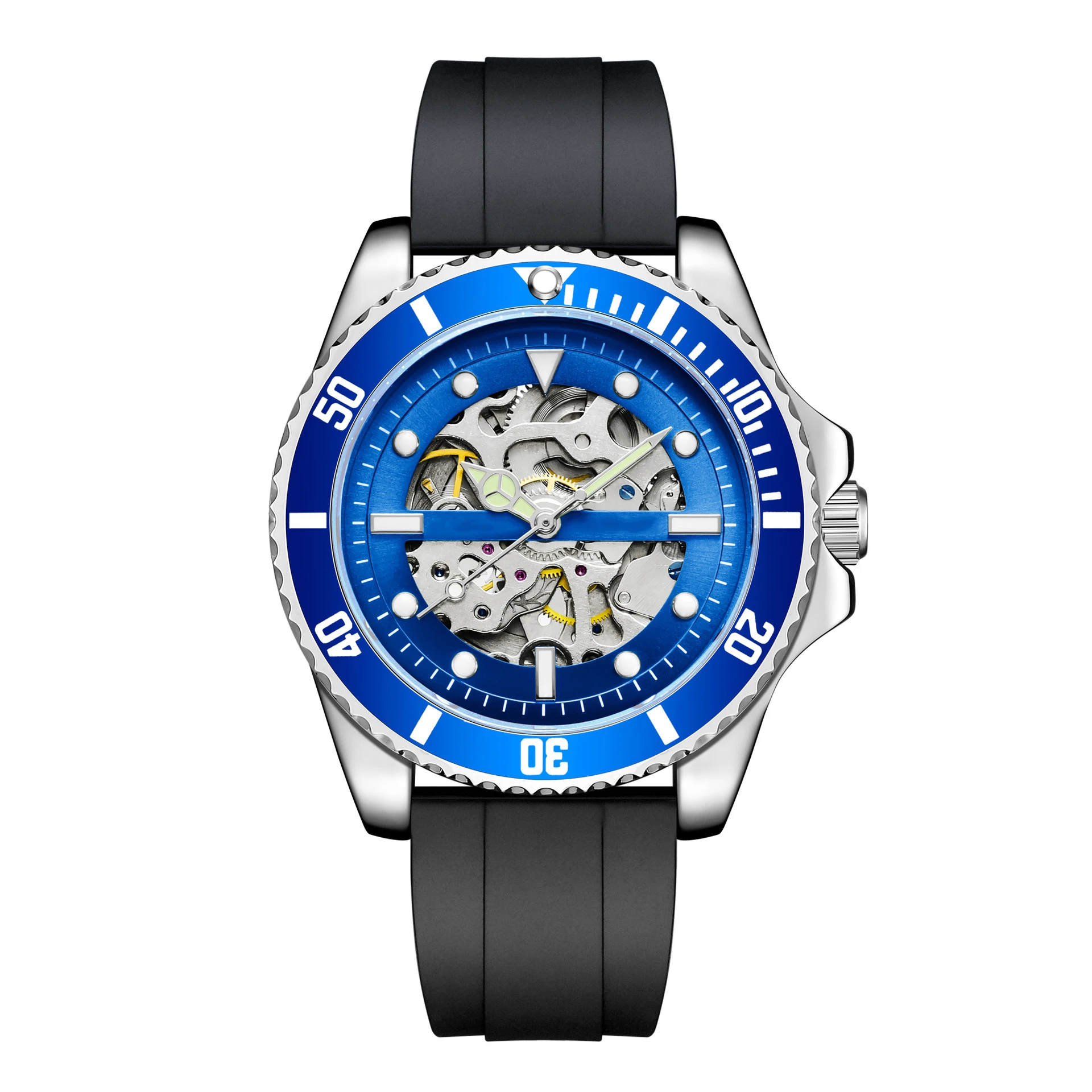 Best Selling Men Luxury Watches Stainless Steel Strap Skeleton Black Dial Wrist Mechanical Automatic Watches