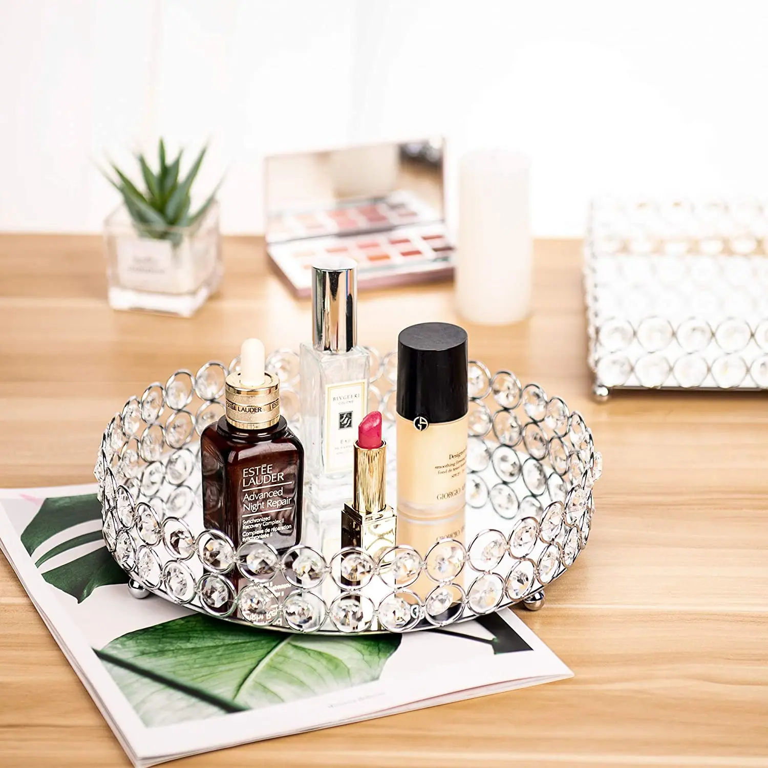 Perfume Skin Care Organizer Crystal Cosmetic Rectangle Vanity Tray Makeup Jewelry Trinket Organizer Mirror Decorative Tray