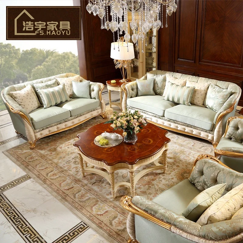 European Style Living Room Genuine Leather Sofa Sets Classical Design Antique Furniture