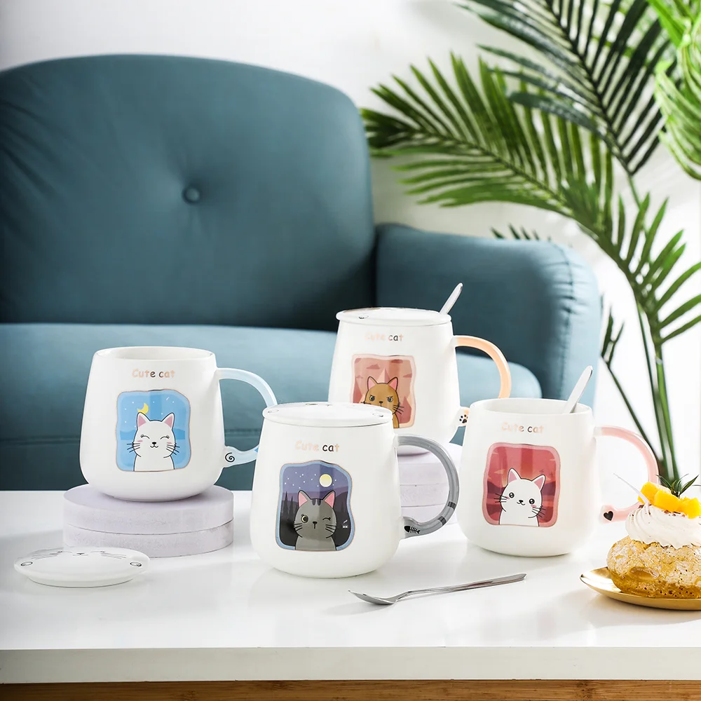 Cute Cat Ceramic Mugs Creative Milk Coffee Cups Unique Gift Ceramic Mugs with LIDS and SPOONS