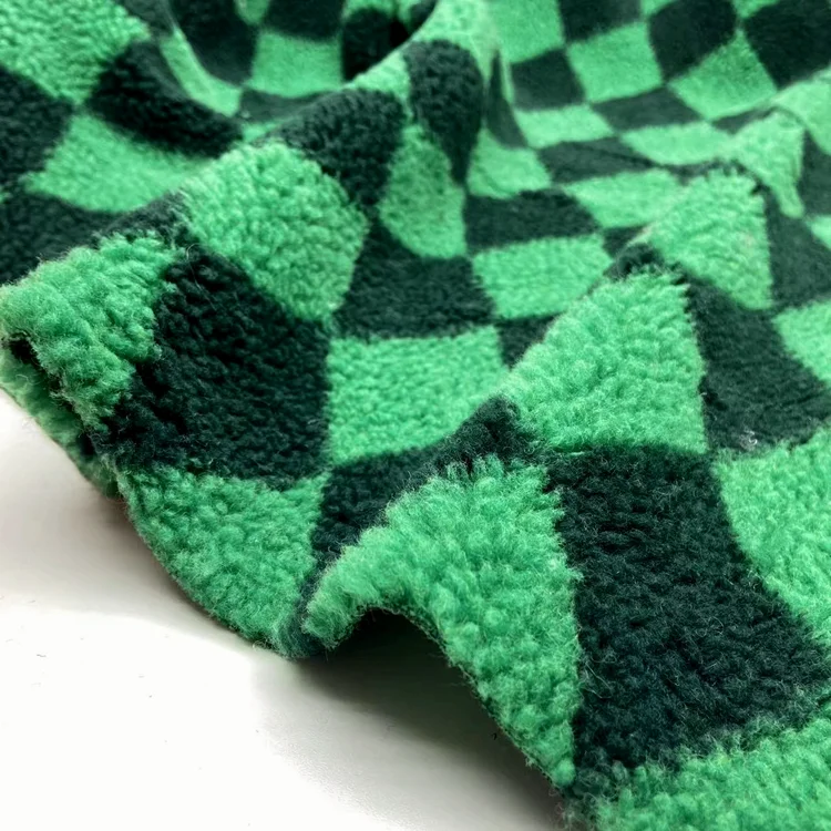 Thick plaid 100 polyester knitted custom green jacquard check pattern sherpa fleece fabric for winter jackets