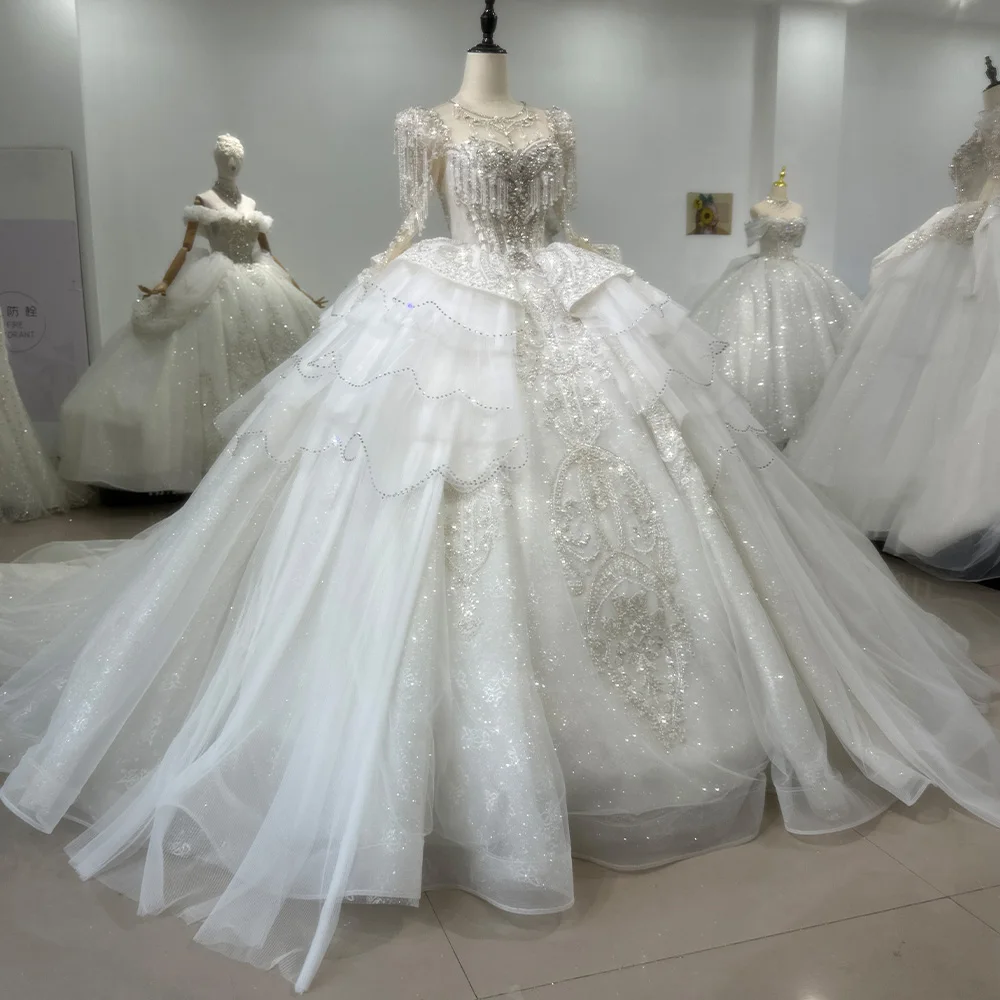 Female Princess Wedding Dress Long-Sleeved Bridal Ball Gown With Open Back Straps Custom Xs090