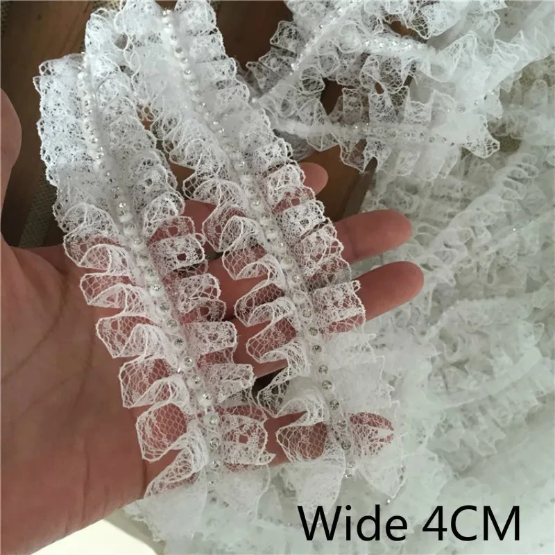 4 см широкий белый черный 3d Аппликация из бисера ленты плиссированное платье воротник кружева аппликация края для шитья Свадебный декор с бахромой