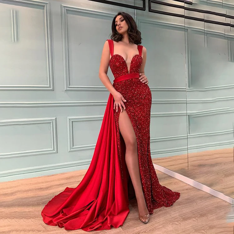 ZISE Luxury Vintage Red Dress Vestidos De Fiesta Noche Gala Rojos Chic Longue Fendue Robe Soiree Rouge Sequin Long