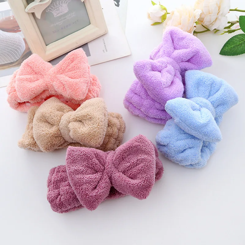 Soft Solid Color Face Makeup Hair Bands for Washing Face Shower Fluffy Coral Fleece Women Bow Facial Spa Headband