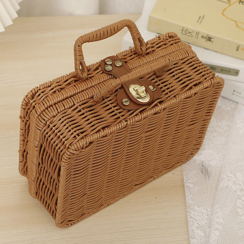 Iron frame rattan portable storage box picnic handmade classic retro storage box household goods storage box