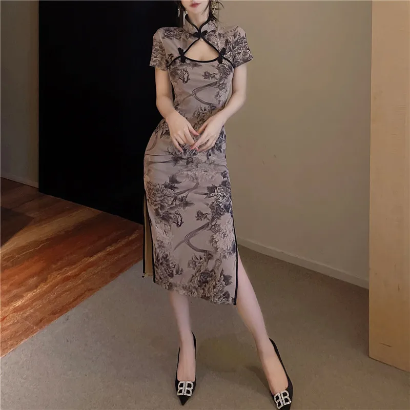 Spring Summer Fashion Female Printed Short Sleeve Slit Vintage Cheongsam Bodycon Dress Sexy Club Dress Women Casual Dress