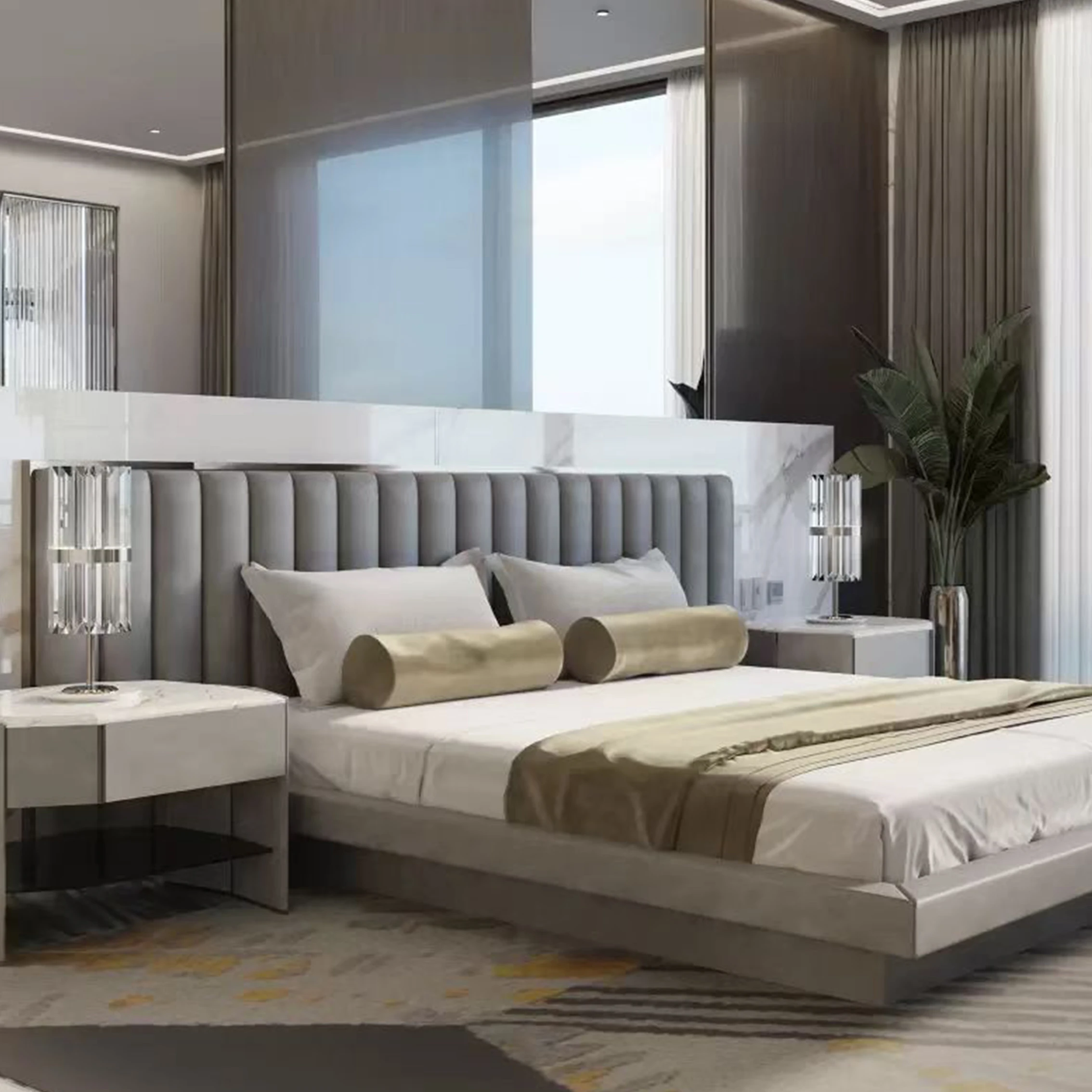 High end villa bedroom furniture modern luxury leather queen beds upholstery fabric double king size luxury bed