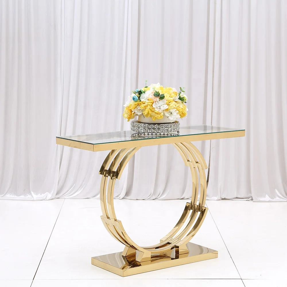 Luxury Elegant Glass Top Stainless Steel Metal Conner Wedding Console Table
