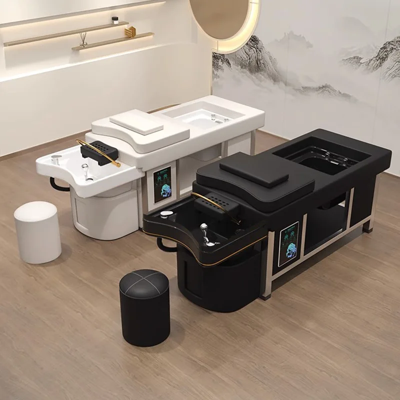 Multifunctional Barbershop Black Washing Chair Luxury Hair Salon Electric Massage Shampoo Spa Bed Thai With Foot Bath