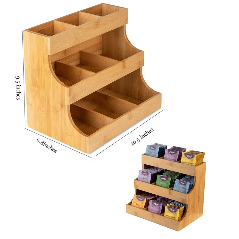 Kitchen Hold Sugar Packets and Creamers Office storage Wooden Tea Box Tea Bag Organizer 3 layers Bamboo Tea Bag Holder