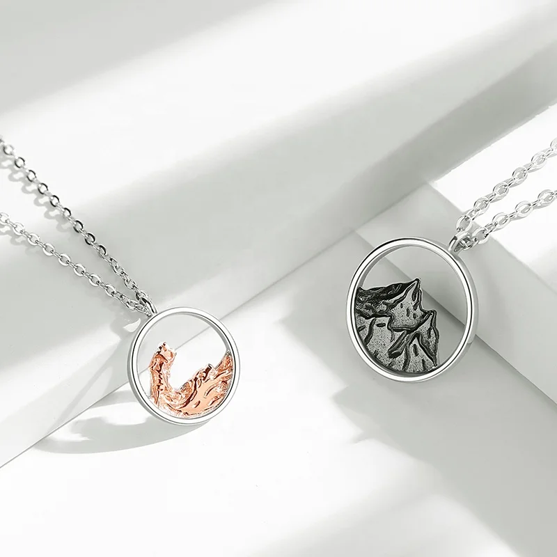 YINSAKI Silver 18K Gold White Gold Plated Plating Coin Couple Engraved Necklace Hollow Wave Mountain Pendant
