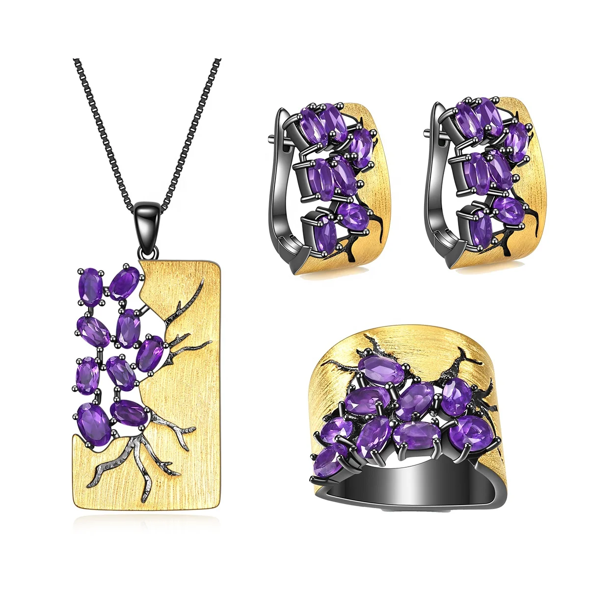 C7875 Abiding Hot Sell Jewelry Natural Amethyst Stone 925 Sterling Silver 3 Pieces Fine Jewelry sets
