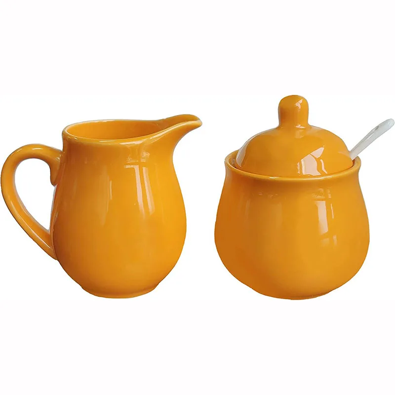 Creamer and Sugar Set with Lid Spoon for Colorful Ceramic Milk Pot Household Coffee Serving Set
