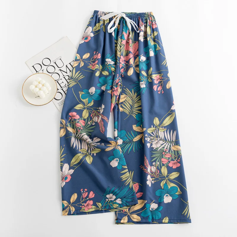 54 style wholesale cheap cotton flower Floral Print Causal Sleepwear Loose Large Size Wide Leg Pants Home Wear Trousers