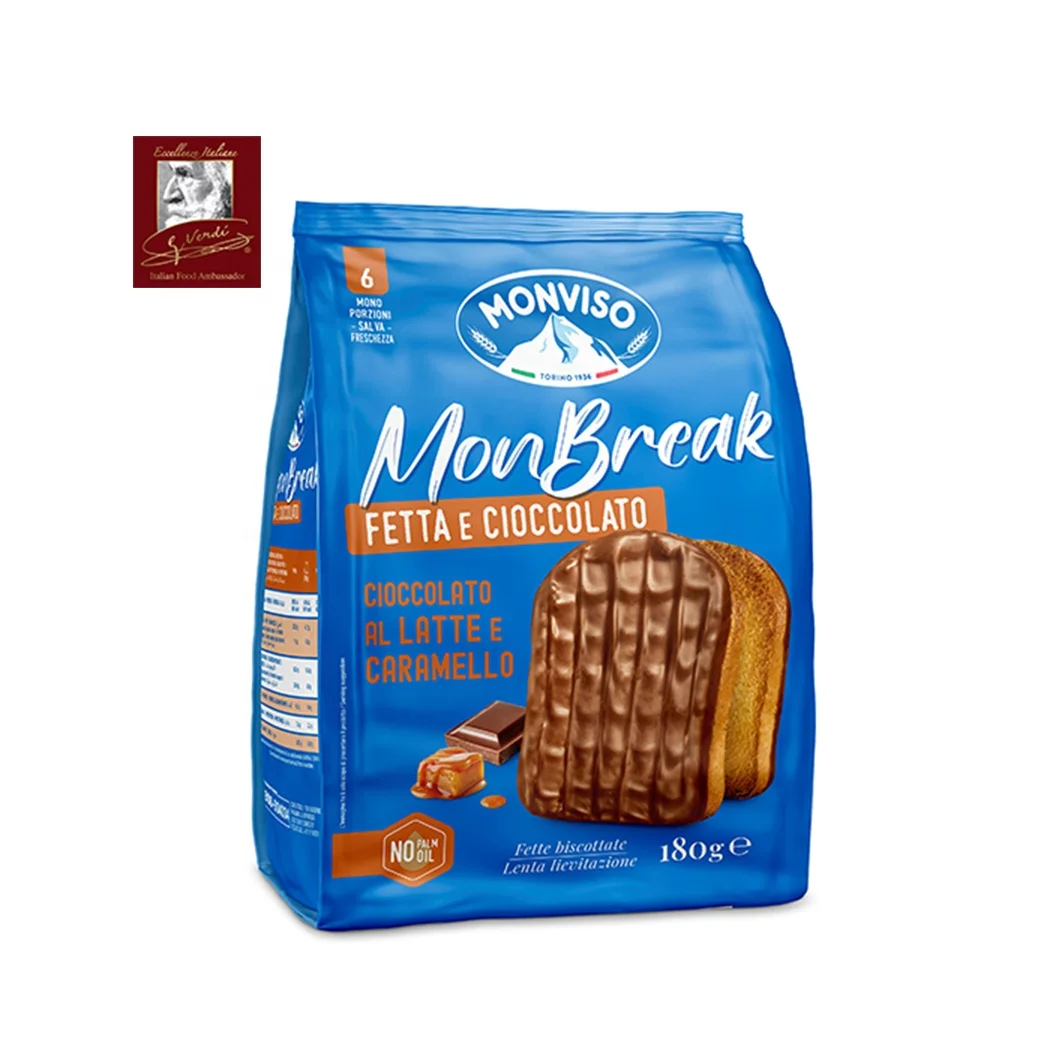 Premium quality crunchy snack 180 g rusks covered in milk chocolate and caramel  Made in Italy Selection GVERDI Italian food