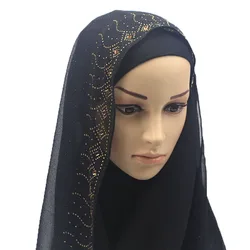 Wholesale turban pearl chiffon gold and hot diamond long scarf women gauze hijab