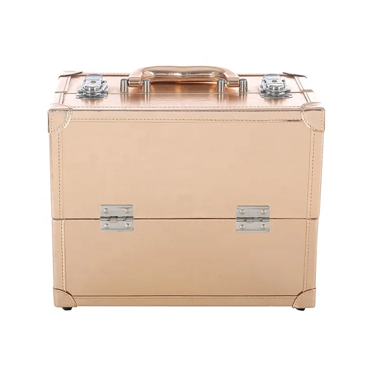Hengxin Rose Gold 4 Trays Professional Cosmetic organizer Vanity Make Up Carrier  Box  Lockable keys Train Case