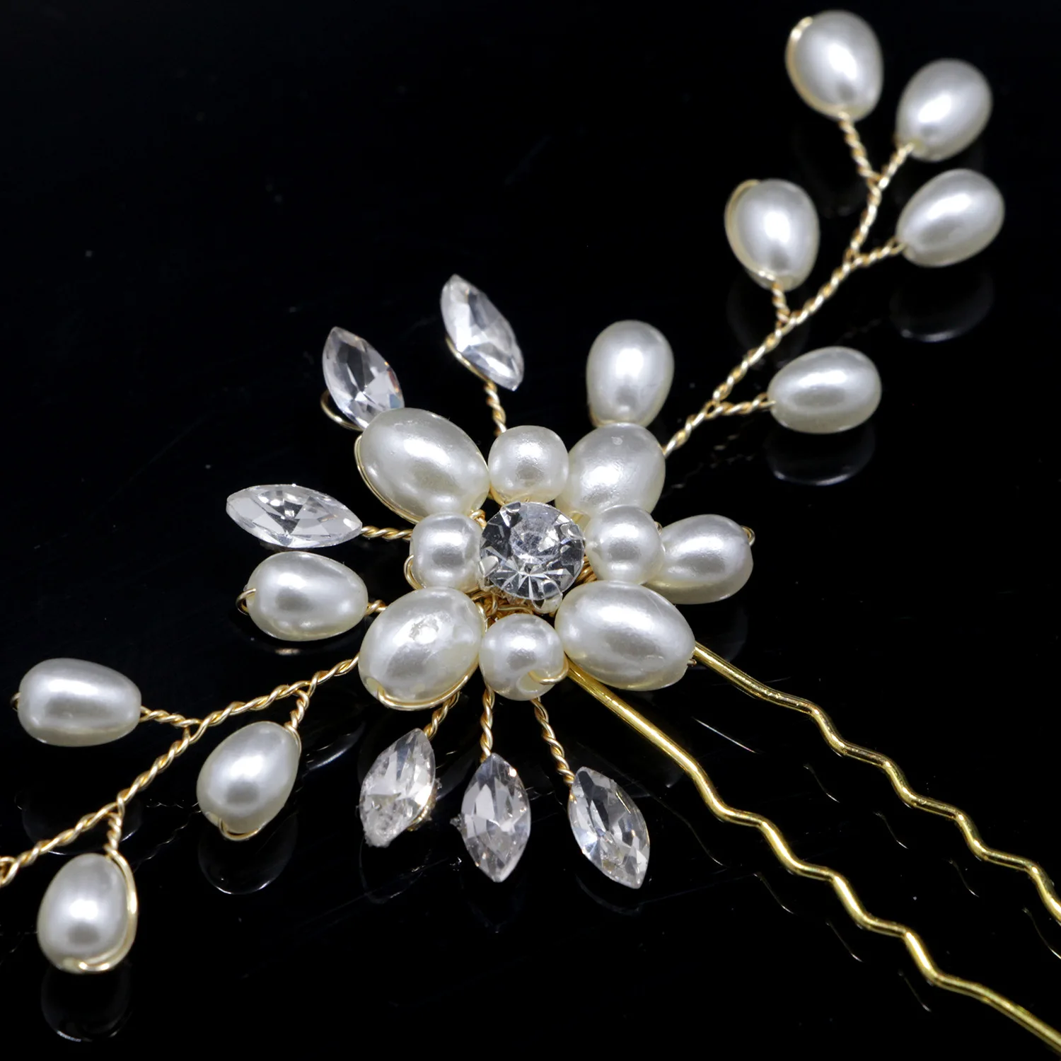 Korean golden white alloy pearls flower crystal hair pin Girl luxury fashion hairpins Bridal wedding forks