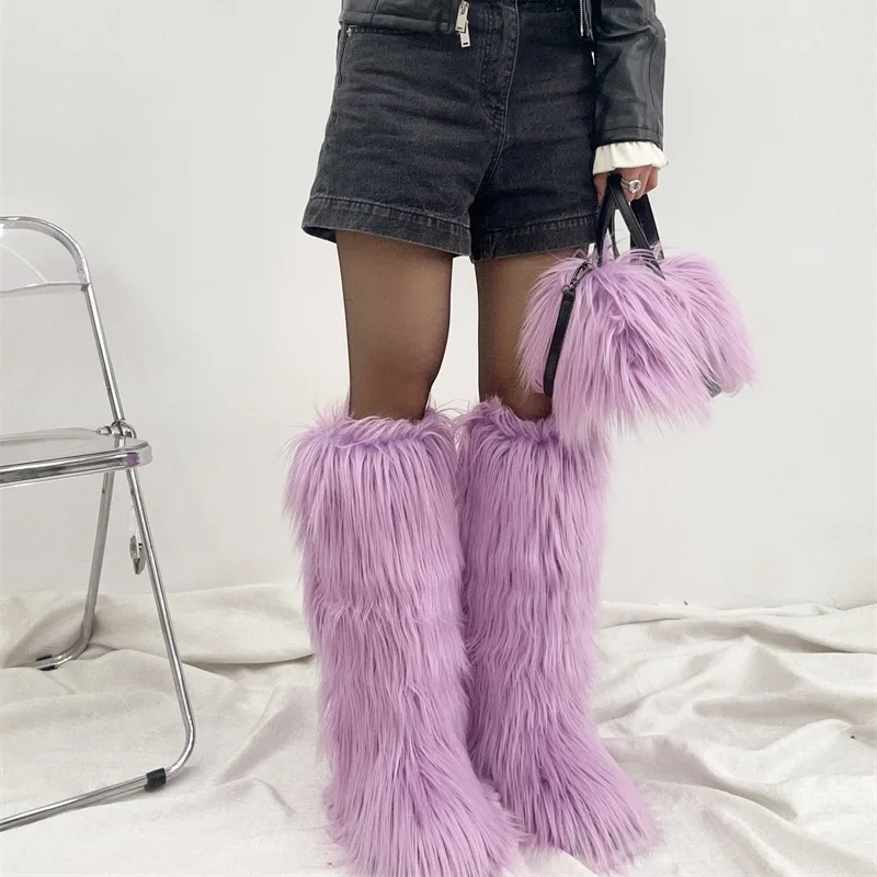 BUSY GIRL RS4807 fur boots with purse set white purple faux mongolian lamb ladies winter boots flat knee furry boots and bags