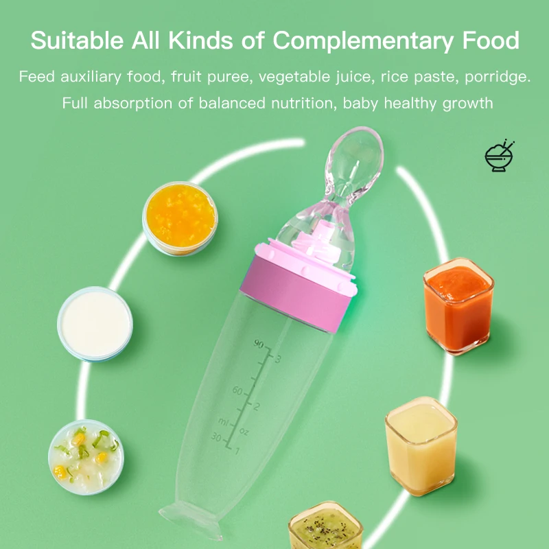 90ml BPA Free Infant Baby Rice Paste Fruit Vegetable Full Silicone Squeeze Bottle Spoon Feeder