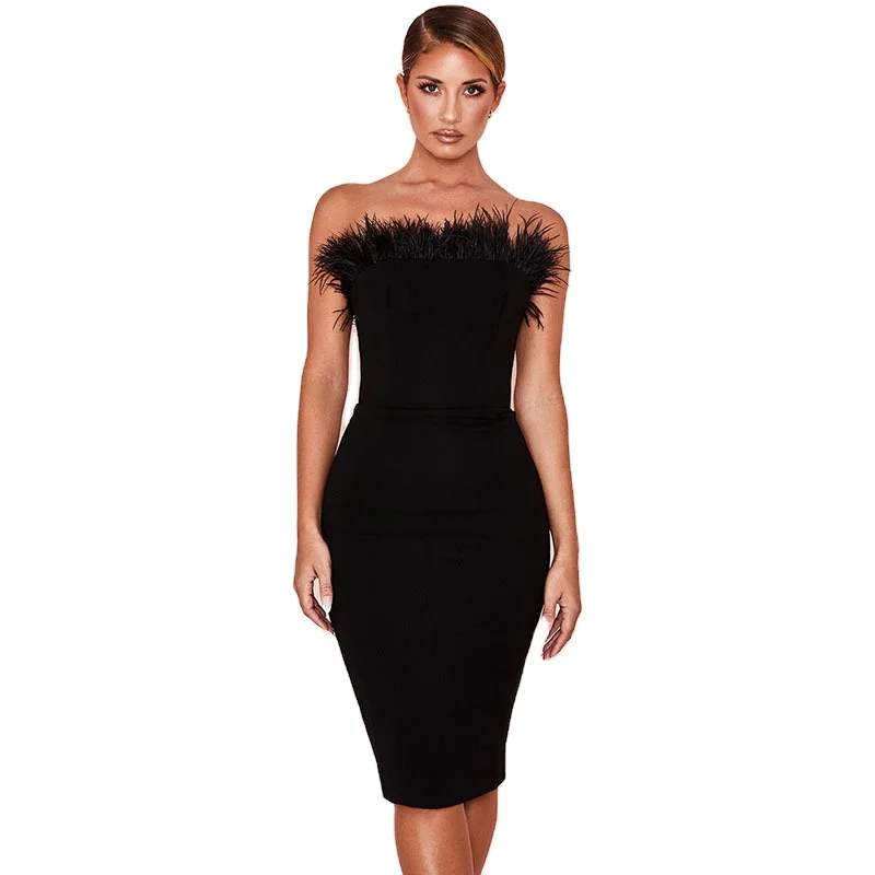 D8730 Feathered slim strapless cocktail bandage dress for women