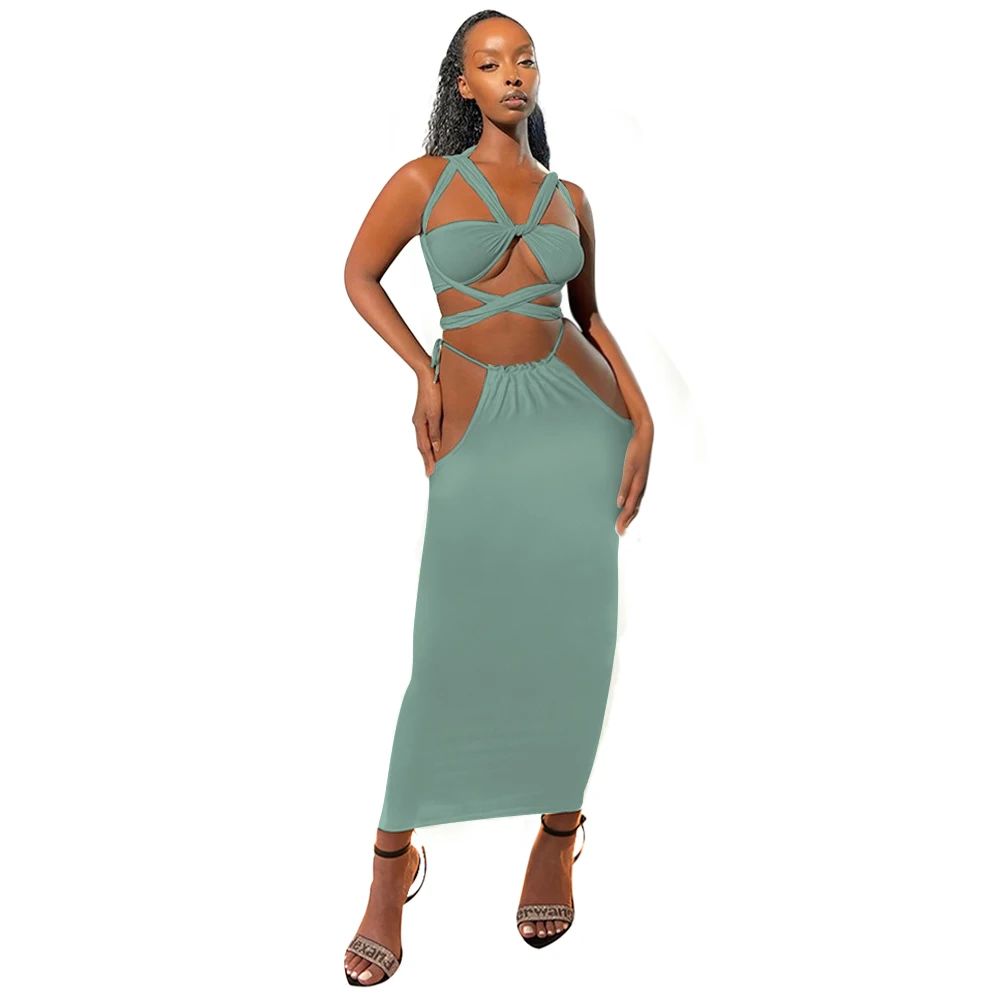 
8690 Women Sexy Long Dresses Bandage Backless Dress Hollow Waist Bodycon Evening Party Knee-Length Dress 