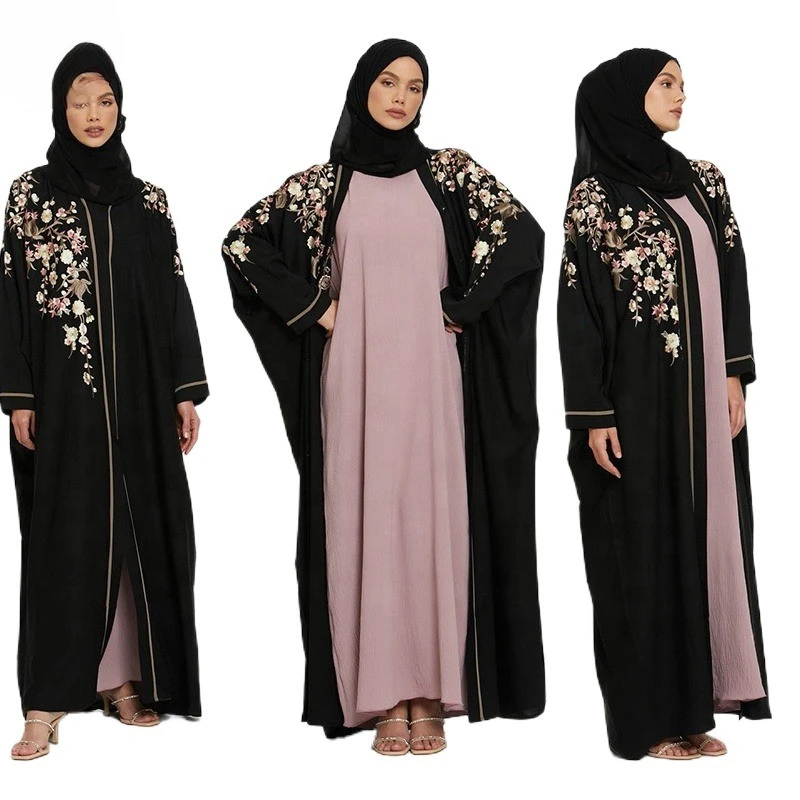 Women Dubai Muslim Dress New Turkey Dresses 2023 Summer Black Floral Embroidered Open Modest Abaya Islamic Clothing Women