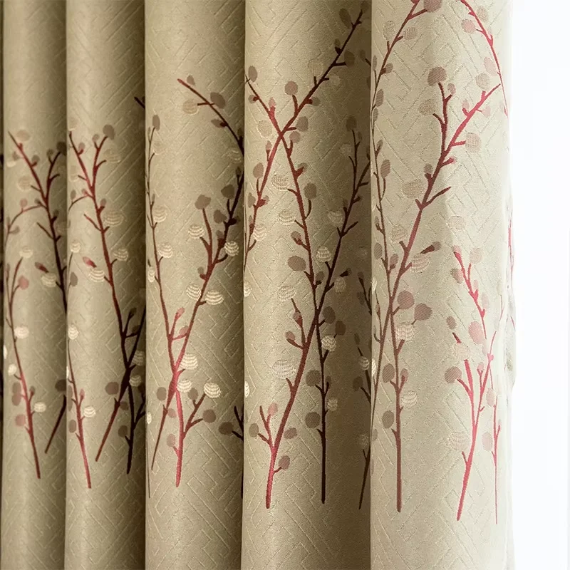 Hot Sale Thick Red Color Twigs Blackout Curtain Fabric Polyester Jacquard High Shading Curtains Fabric For Window to Decor
