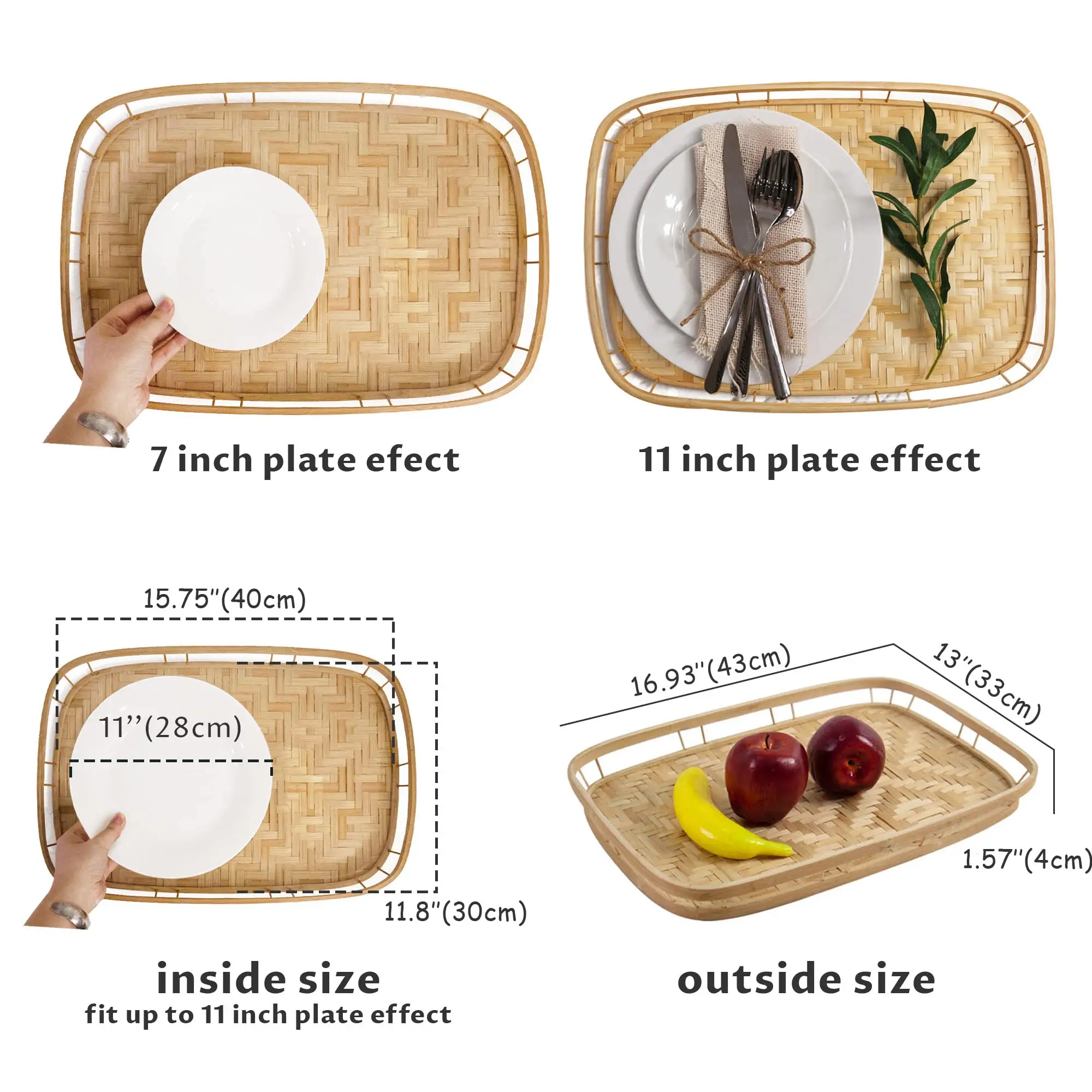 Bamboo Wicker Serving Trays for Food, Rectangular Lap Trays for Foods & Drinks. Decorative Trays for Coffee Table