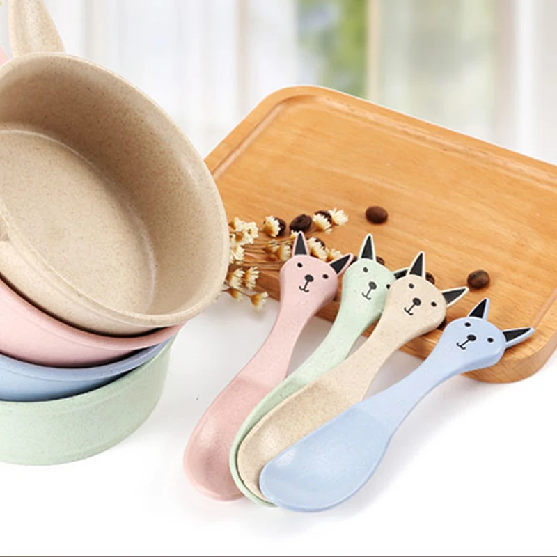 Reusable flatware kids baby bowl spoon tableware children wheat straw cutlery set