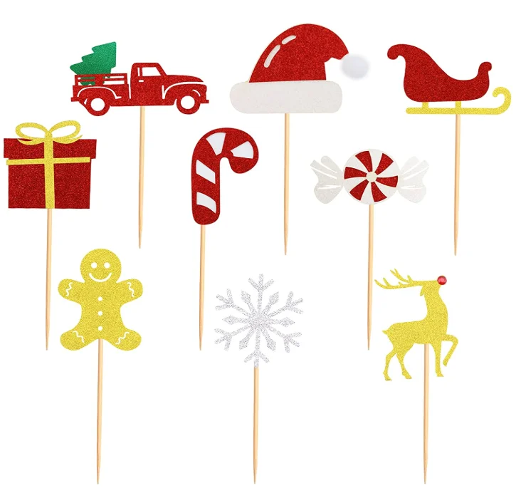 Christmas Tree Snowflake Snowman Cane Candy Santa Claus Sledge Cake Toppers Cupcake Toppers for Merry Christmas Party Supplies