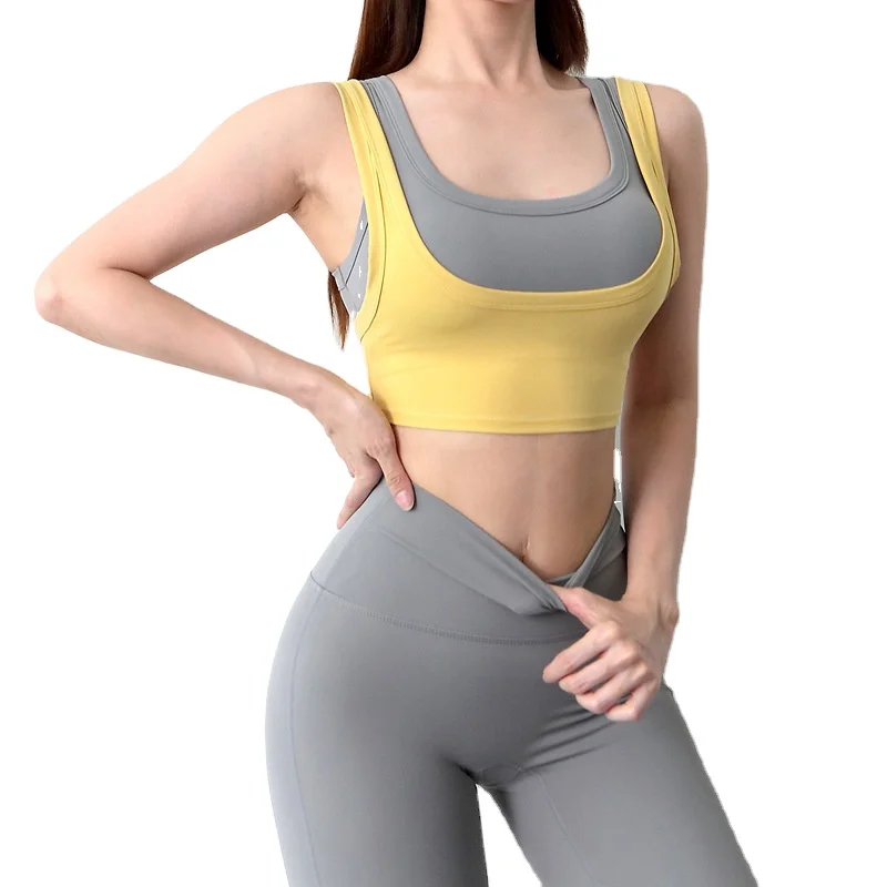 Ladies False Two Pieces Nursing Sports Bra Shockproof Yoga Top Cross Back Gym Fitness Quick Dry Vest Bra