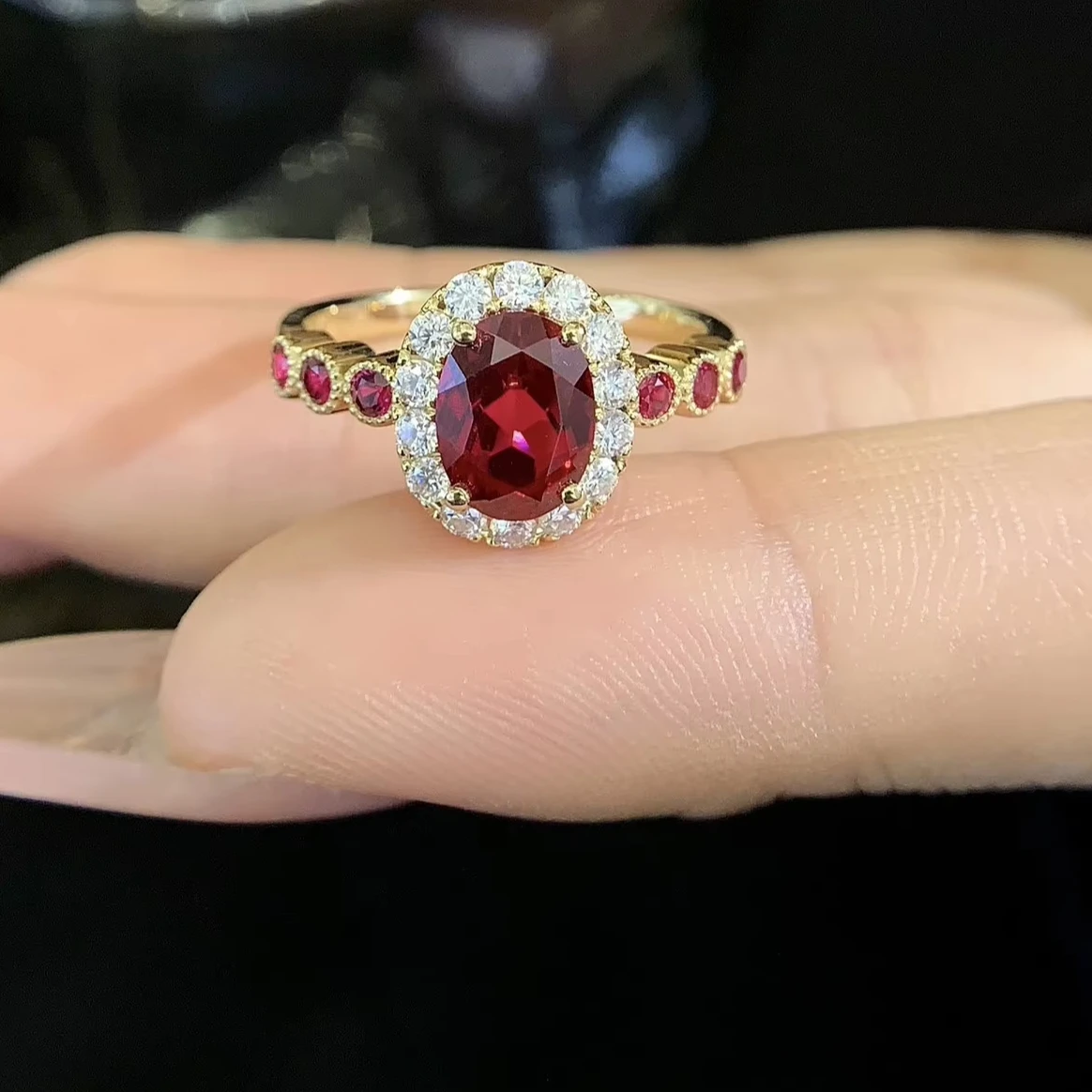 Women Vintage Unique Oval Cut Lab Ruby Engagement Ring Cluster Art Deco Diamond Bridal Wedding Ring Women Gift