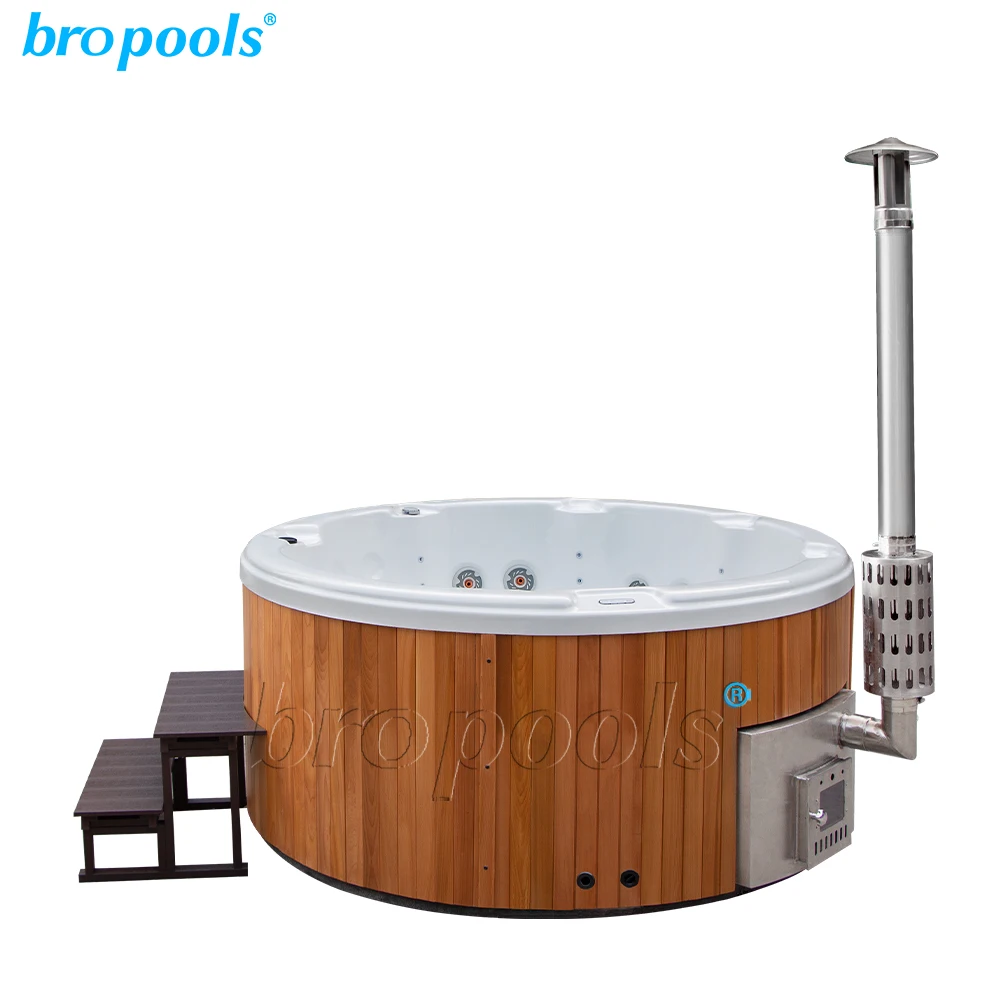 New Design Four-Person Acrylic Hot Tub with Massage and LED Lighting, Wood-Fired Portable Spa with Cedar Wood Skirt