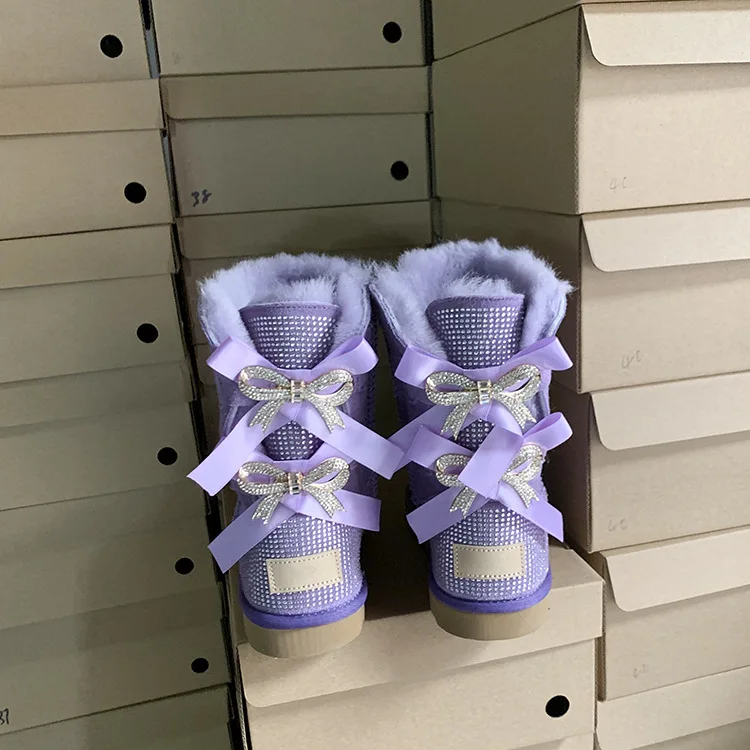 Designer Boots Wool Warmth Warm Ladies Shiny Women Snow Boots Hot-selling Rhinestone New Fashion with Bow EVA Adult Fur Midi 2cm