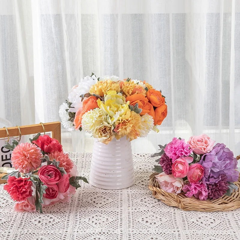 Artificial White Silk Bridal Peony Rose Flower Bouquet For Wedding, Red Flower Bunch for Home Party Decoration