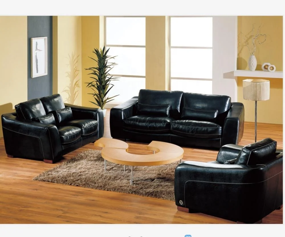 
black italian contemporary modern european genuine living room set leather sofa 