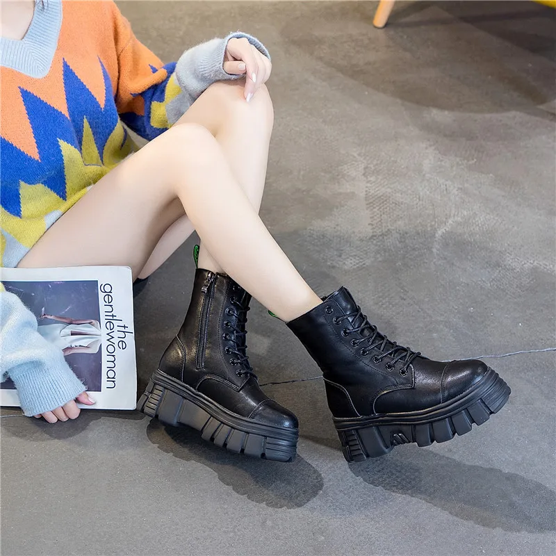  Ботинки женские из натуральной кожи модные мотоциклетные ботинки на платформе водонепроницаемые толстом каблуке черные