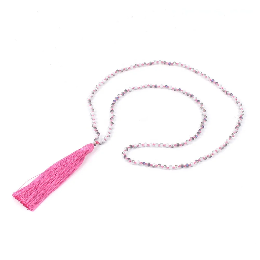 Knotted Rondelle Crystal Long Tassel Mala Facet Bead Namo Religion Necklace Buddha Head Prayer Necklace handmade Jewelry