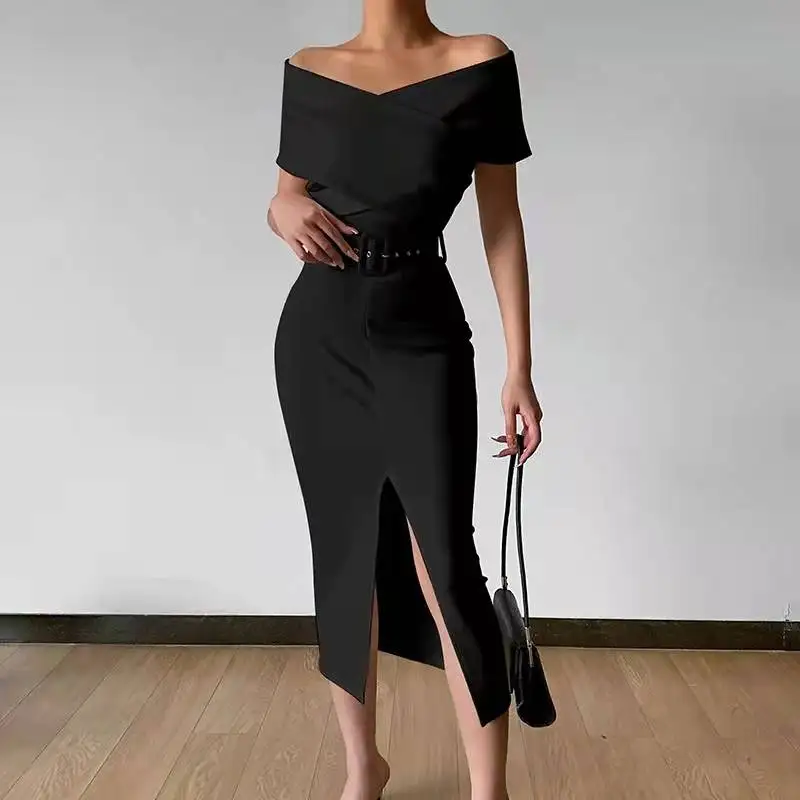 Весенне-летнее Новое модное пикантное облегающее офисное платье с открытыми плечами и поясом с разрезом