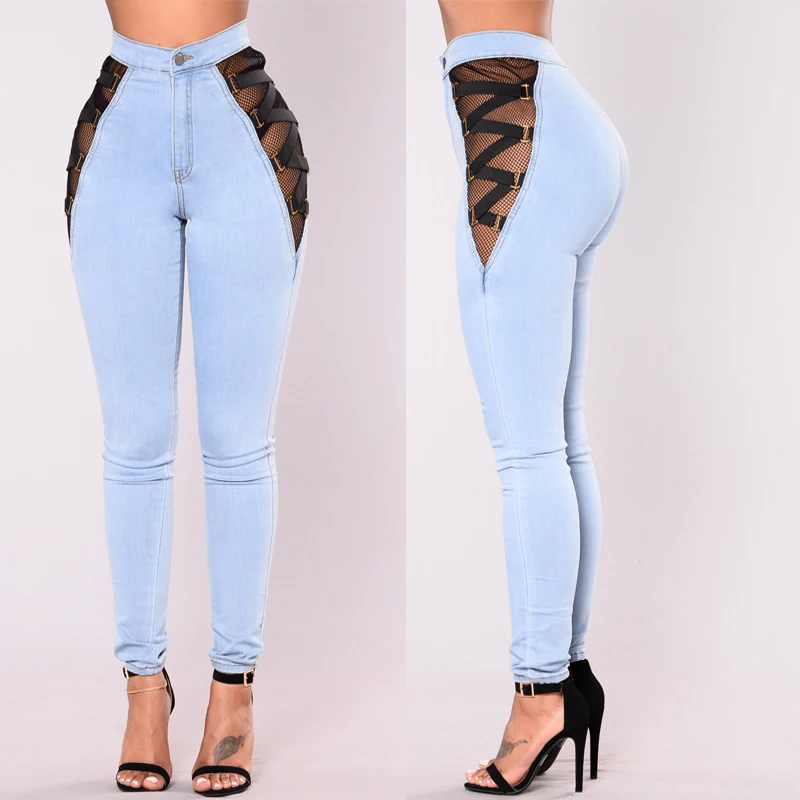 New Style Mesh Lace High Waist Women Jeans Stretch Jeggings Jeans Denim Womens Stretch Sexy Bodycon  Custom Logo Women Pants