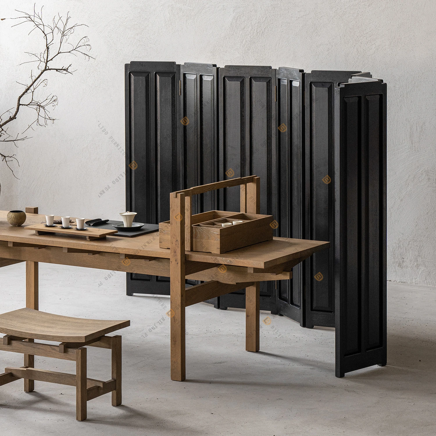 Retro solid wood screen Chinese wabi-Sabi tea room folding screen partition cafe study