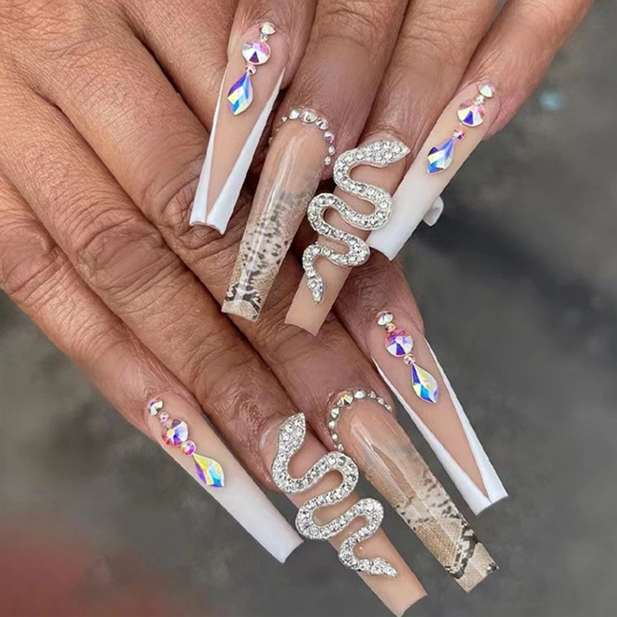 Luxury Wholesale 24pcs/box  Coffin XXL XXXL Press On Nails Artificial Nails  With Rhinestones